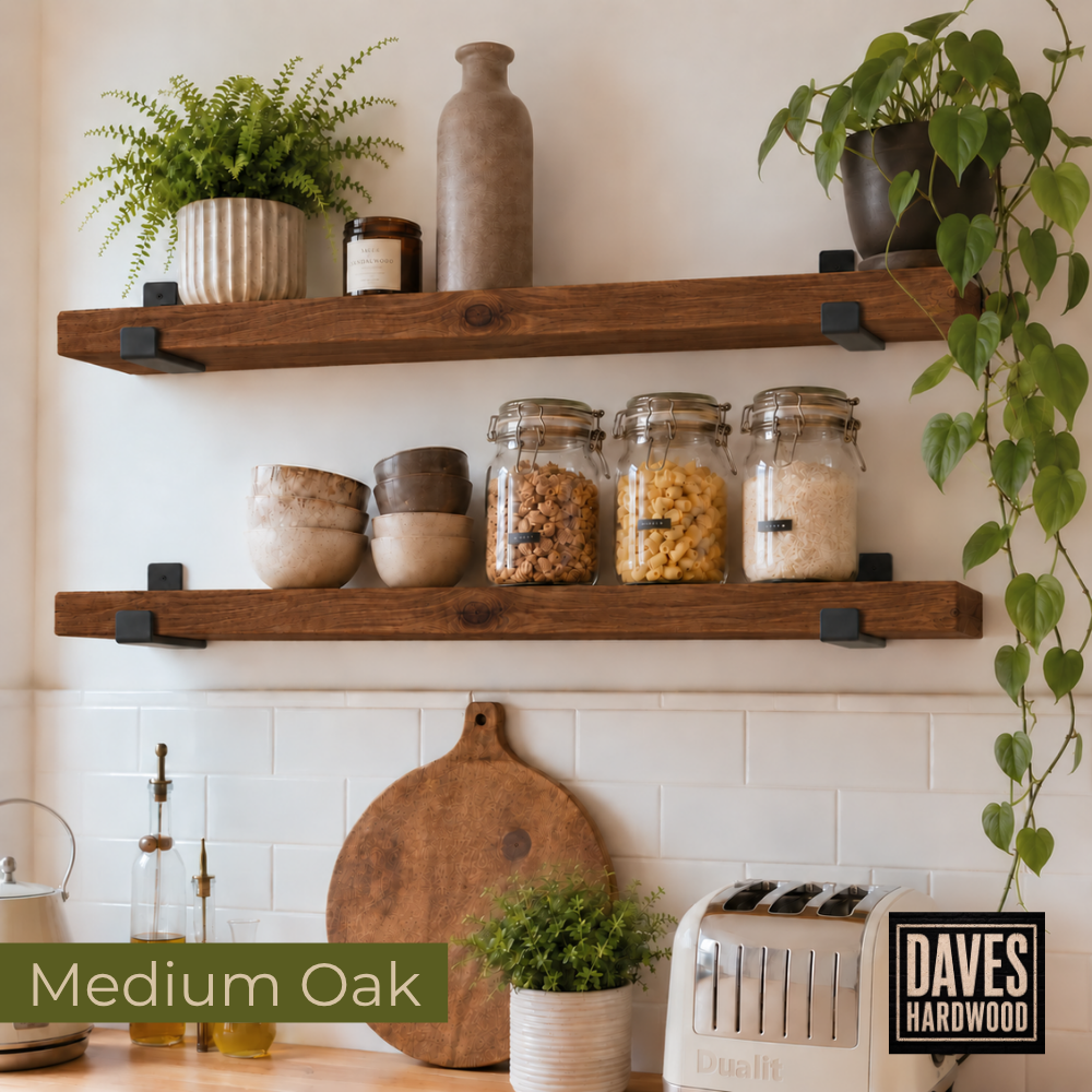 Handmade Solid Wood Rustic Wall Shelf with Brackets | Approx. 23cm Deep x 4cm Thick